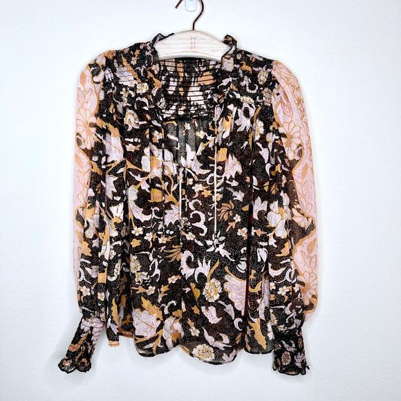 OPT One Pretty Time Smocked Floral Blouse Small Long Sleeve Peasant Metallic Top - Picture 2 of 6